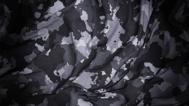 Realistic slow motion 3D animation of the dark camouflage pattern cotton cloth as fly away opener rendered in UHD with alpha matte