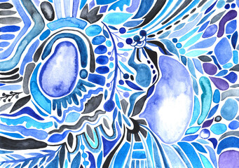 Abstract whimsical doodle colorful pattern. Watercolor painting.