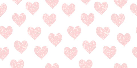 Pink white background with hearts and dots, seamless pattern, vector drawing horizontal
