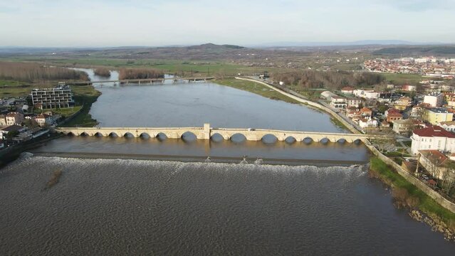 Aerial view of Sixteenth century Mustafa Pasha Bridge (Old Bridge) over Maritsa river in town of Svilengrad, Haskovo Region, Bulgaria