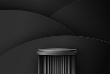 Realistic dark 3D cylindrical pedestal with black wavy layers. Vector abstract studio podium. Minimal scene for showcasing products, advertising display.