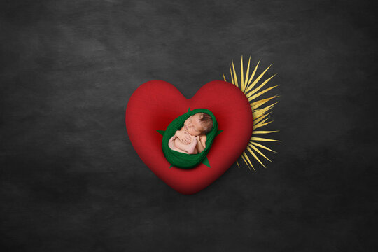 Newborn portrait on heart in color of national flag. Photography peace concept. Morocco