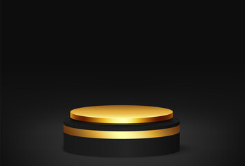 Black and gold luxury podium with glow effect. Black room studio with black and gold podium stage. Demonstration and advertising of products.