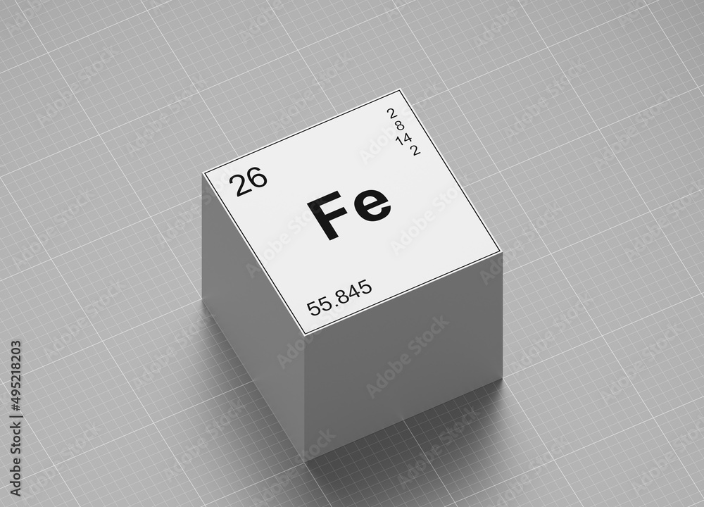 Poster iron, element symbol from periodic table on white cube on milimeter paper 3d render orthographic pro