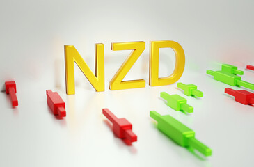 New Zealand dollar against the background of Japanese candlesticks, the concept of volatility nzd in the forex market, trading on the stock exchange, 3d rendering