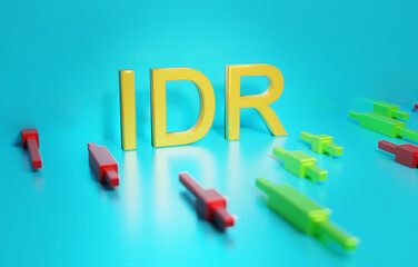 The letters Indonesian rupiah, IDR against the background of Japanese candlesticks, the concept of volatility official currency of Indonesia in the forex market, 3d rendering