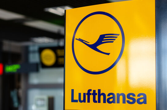 Katowice, Poland - March 11, 2021: Lufthansa check-in at the airport terminal