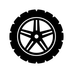 Tire icon. Vector illustration of tyre with thick tread. Car wheel with rim isolated on white background. Off road, all terrain rubber. © Fast_Cyclone