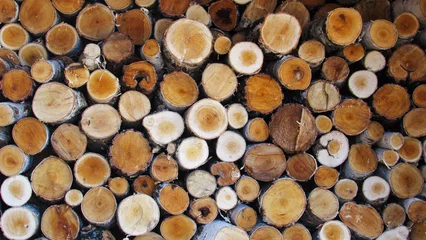 Möbelaufkleber logging. deforestation. close-up of piled chunks of wood billet © eliyashevskiy