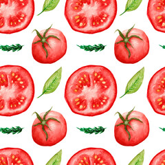 Watercolor seamless pattern of food and spices, red tomatoes, tomato slice, bay leaf and rosemary on a white background.