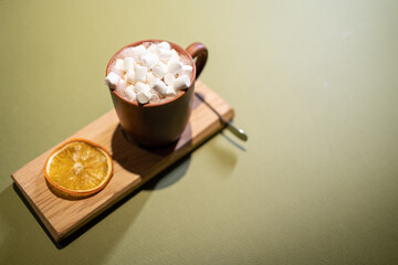 cup with hot chocolate cocoa drink and sweet marshmallow on wooden plate