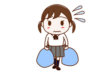 （全身正面）大きなゴミ袋を持って嫌だけれどゴミ捨てに行く女子学生