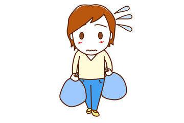 （全身正面）大きなゴミ袋を持って嫌だけれどゴミ捨てに行く白人男性