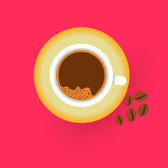 coffee cup and coffee beans. top view.