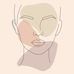 The contour of the face. A poster with an abstract female face. Minimalist portrait of a woman. A continuous line of an artistic woman with colored spots.