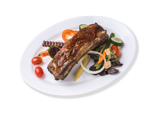 Pork spare rib with mixed fresh salad served on white plate isolated on white background