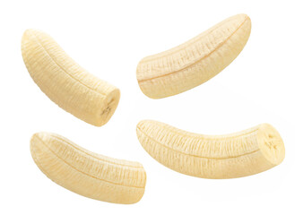 Collection of delicious banana pieces, isolated on white background