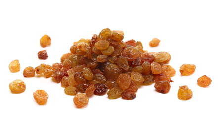 Pile raisins isolated on white background