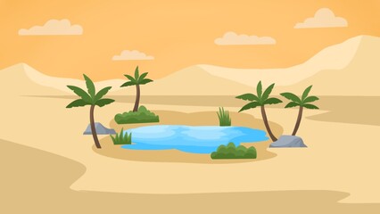 Fototapeta na wymiar Landscape oasis desert illustration background with palm trees and clouds 