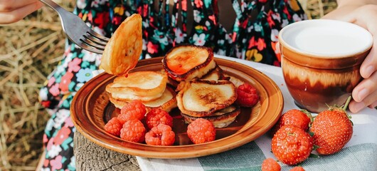 Summer picnic with pancakes, jam, berries and milk in nature. Sweet summertime, vacation, outdoor recreation, countryside concept. Banner.	