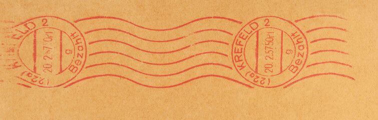 post letter mail brief frankierung frankiert red rot used vintage retro gebraucht gestempelt stempel welle wave Krefeld Bezahlt 1957 Februar papier paper braun paket umschlag