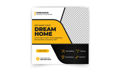 Construction and renovation business social media post template, Construction Flyer Template. Construction Brochure Cover