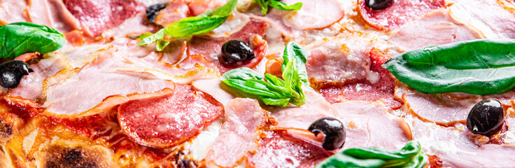 flatbread Pepperoni Pizza with Mozzarella cheese, salami, ham, Tomato sauce, pepper, Spices. Italian pizza on wooden background