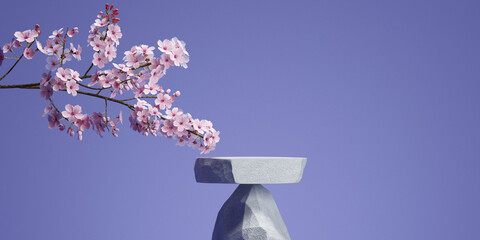 Stone podium and cherry blossom with very peri color background for product presentation. 3d rendering illustration.