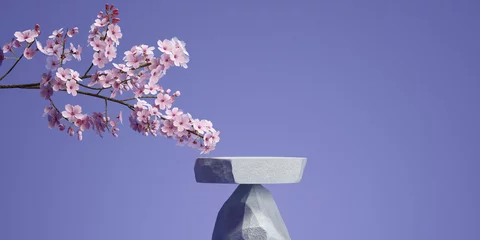 Papier Peint photo Pantone 2022 very peri Stone podium and cherry blossom with very peri color background for product presentation. 3d rendering illustration.
