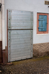 Flood protection measures on houses in an old town in southern Germany to keep the water out of the...