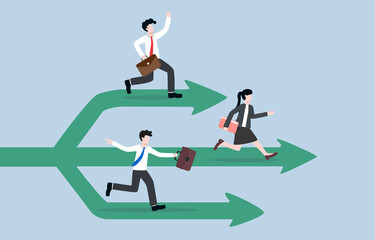 Business expansion, business growth plan, company branches for increasing chances of success, allocating employees to different branches concept. Company staffs run along separate path from main path.