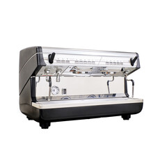 the new professional coffee machine stands sideways on a clean white background. grey with black sides for making espresso, cappuccino and other drinks by professional baristas
