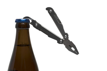 brown bottle opener pocket knife white background
