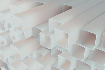 Plastic white square pipes, square section rolled furniture abstract industrial illustration for construction, elements in a stack, 3D rendering