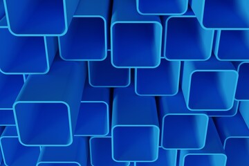 Plastic blue square pipes, square section rolled furniture abstract industrial illustration for construction, elements in a stack, 3D rendering