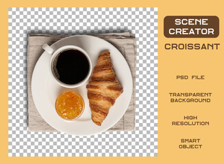 Fresh croissant for morning breakfast isolated on transparent background.