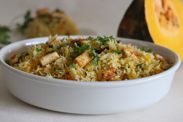 Pumpkin cottage cheese rice. One pot rice preparation with basmati rice, grated pumpkin and spices, tossed with pan fried cottage cheese cubes.