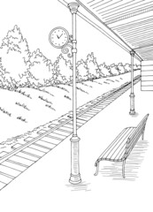 Railway station platform graphic train vertical sketch illustration vector 