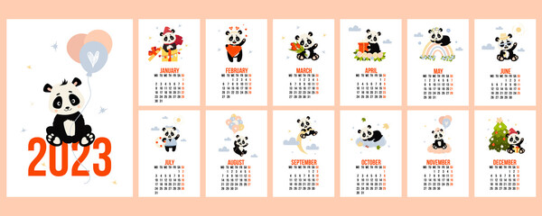 Annual calendar 2023 with cute panda. set of vertical templates, planner for 12 months 2023 and cover with bear on moon. Vector illustration. week from Monday. In English © Ludmila