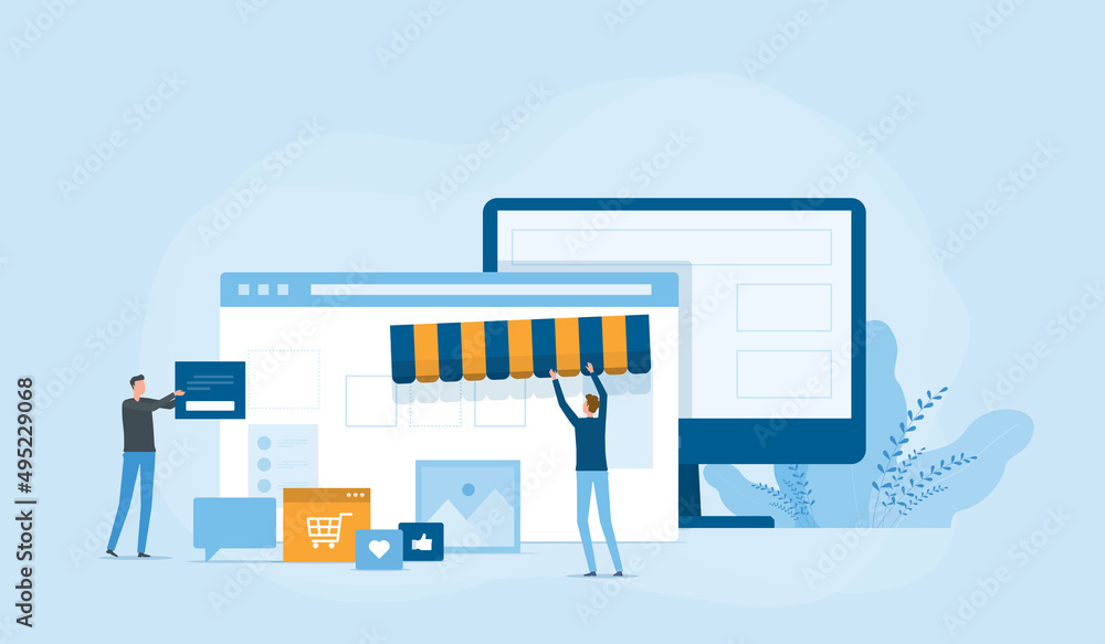 Aufkleber Flat vector business team working developer and designer team create an online store shop concept