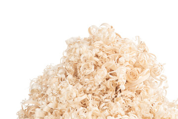 Mountain sawdust on a white background side view with a place for text or inscription. Texture of wood dust. Sawdust pattern close up background pattern.