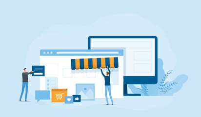 Flat vector business team working developer and designer team create an online store shop concept