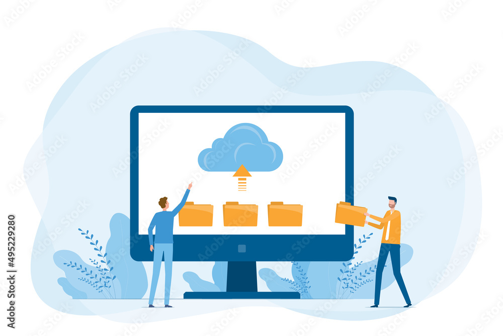 Poster Business technology cloud computing service and technology file upload backup on cloud server storage concept with team administrator and developer working on computer monitor