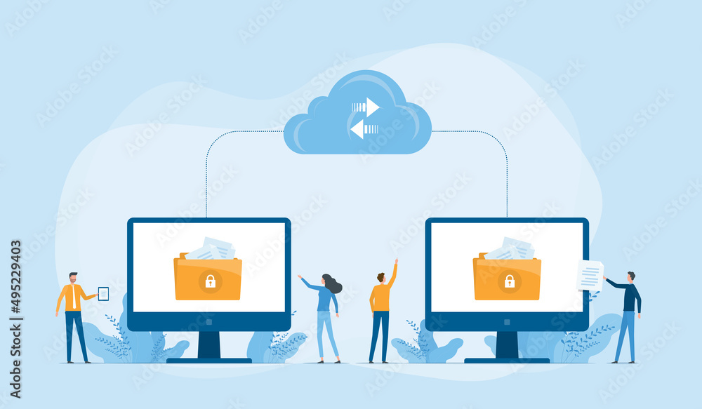 Aufkleber Business technology cloud computing service and technology file upload backup on cloud server storage concept with team administrator and developer working on computer monitor