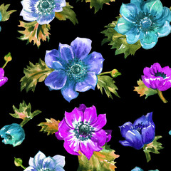 Seamless pattern of anemones on a black background, print for fabric and other surfaces based on a watercolor illustration.