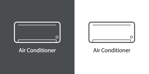 Reparación y servicio de aire acondicionado. Logo con texto Air Conditioner con aparato con líneas en fondo gris y fondo blanco
