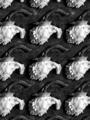 Black and white pattern of pieces of red sweet bell pepper with seeds and stalk on a black concrete background