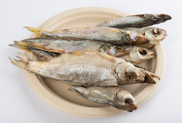 Dried fish on white background.