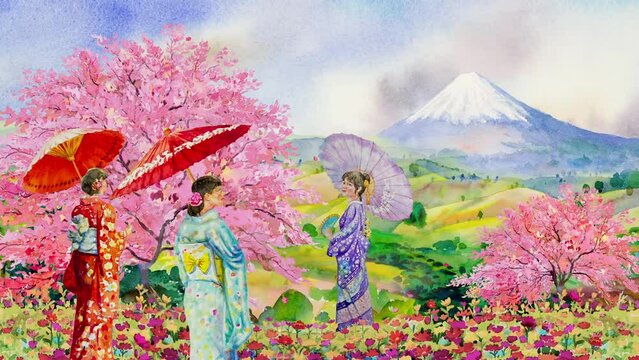 Travel landmark Japan with paintings animation to Tokyo with wild spring sakura season and Japan woman wearing a kimono holding umbrella in the wind, Watercolor painting rendering anime background.