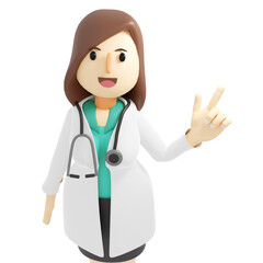 Fototapeta premium Cartoon character 3d illustration of a smile happy female doctor holding is giving recommendation.medical hospital clinic illustration concept. Isolated on white